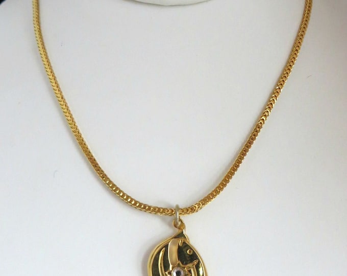 Pendant Necklace, Vintage Pisces Pendant Necklace, Signed Anne Klein II, Faux Diamond Gold Tone Cobra Chain Necklace, Gift idea