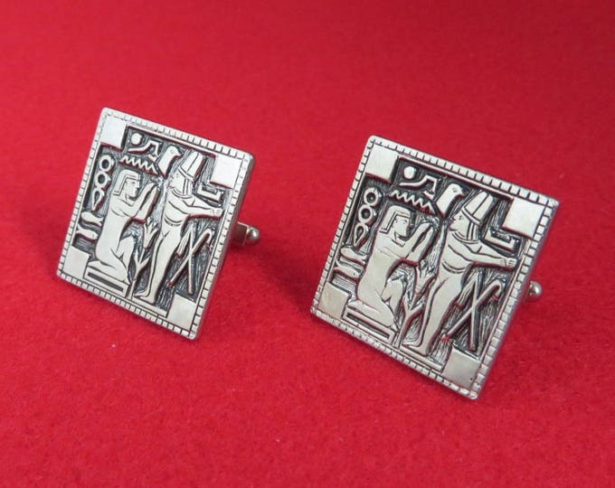 Silver Tone Etched Cufflinks Tie Tac Bar Set Vintage Egyptian Design Mens Gift Idea Fathers Day