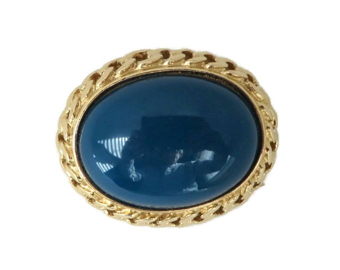 Trifari Gold Tone Pin Brooch Blue Cabochon 1980s Pin Designer Runway Estate Costume Vintage Signed