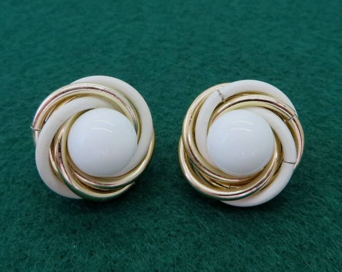 Trifari White Gold Earrings - Vintage Designer Signed Swirl Clip-on Earrings