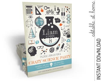 Science Party Invitation, Science Birthday Invitation, Science Invitation INSTANT DOWNLOAD you personalize at home