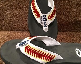 Softball flip flops, softball shoes, softball sandals, softball mom, softball, glitter, shoes, softball stuff, personalized softball shoes