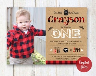 Lumberjack first birthday Invitation - Buffalo Plaid Invite - Lumberjack shower invitation - Bear woodland Plaid Photo invite DIGITAL file!