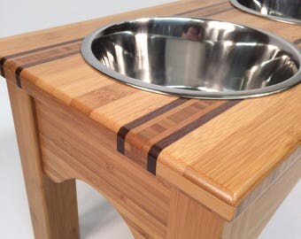 Bamboo raised feeder with walnut accents
