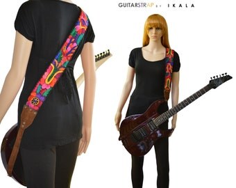 Leather Guitar Strap, Embroidered guitar strap, Black leather guitar strap, Brown leather guitar strap, Acoustic Electric guitar, Bass strap