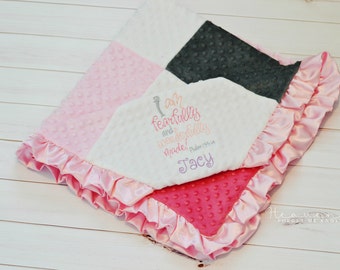 Baby Blanket - Baby Girl Blanket - Minky Baby Blanket - Ruffled Baby Blanket - Bible Verse - Personalized Blanket - Pink, Grey, & White