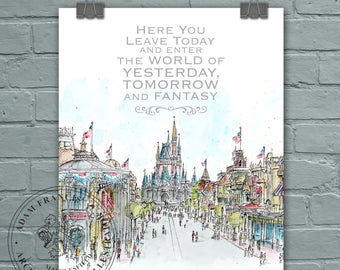 Main Street USA Disney World with Quote Wall art and gift prints. Prints taken from my drawing & watercolour painting. Magic Kingdom drawing