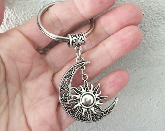 Crescent Moon Keychain/ Sun Key Chain/ Moon Sun Key Chain/ Sun Moon Keyring/ Celestial Key Ring/ Sun Charm Keychain/ Crescent Moon Keyring