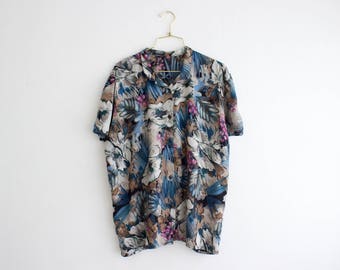 90s Floral Blouse, Oversized Boho Shirt, Vintage Button Up Blouse, Loose Fit Top Size Medium Large