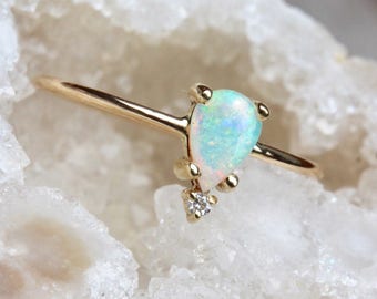 14k Pear Opal Ring, Teardrop Opal Ring, Tear Ring, Prong Setting, October Birthstone, Solid Gold, Tiara Ring Ring, Floating Stone