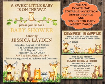 Woodland Baby Shower Invitation, Editable Invitation, Books for Baby card and Diaper Raffle card, You edit invitation, instant download 010