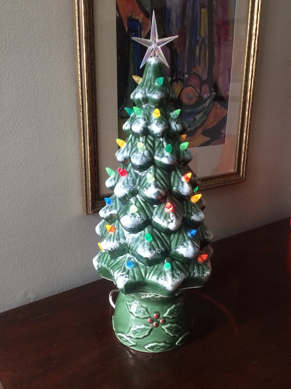 Large Green Ceramic Snow Capped Light-Up Christmas Tree 18"