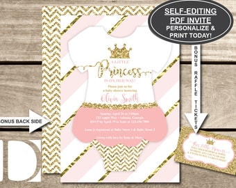 Little Princess Baby Shower Invitation, Onesie Invitation, Tutu, Pink, Gold, Glitter, Chevron, Self-Editing PDF Invite, BONUS Raffle Tickets