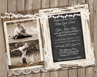 Wood and Lace Wedding Invitation, Chalkboard Wedding Invitation, Rustic Wood Invite with Photo, Shabby Chic invite