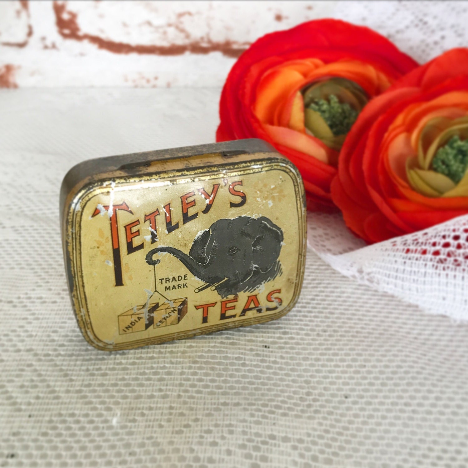 Rare Antique Tetley Tea Tin Litho Box Sample Size Elephant