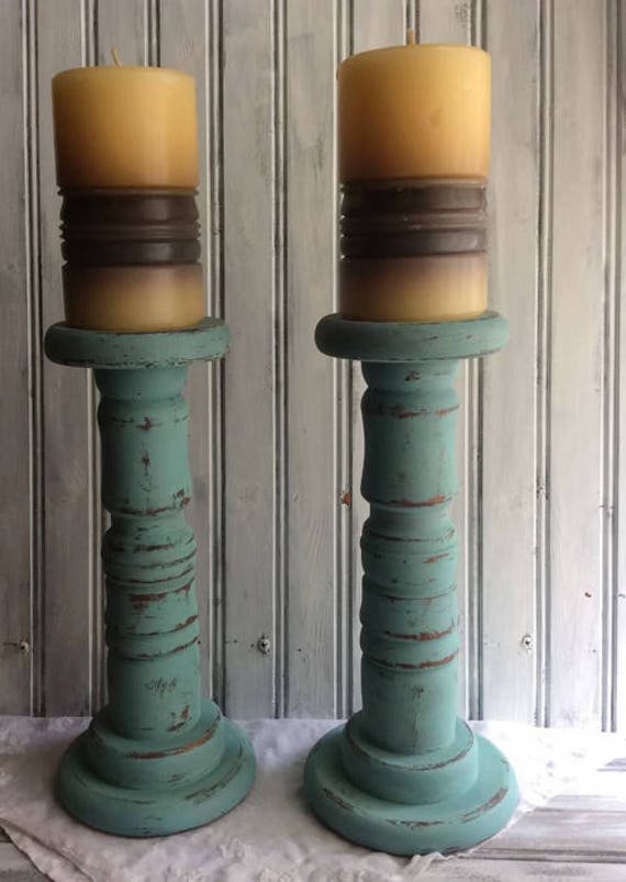 Blue Candle Holders Chunky Candlesticks Large Wooden