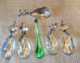 Five VINTAGE glass faceted chandelier drops + one green teardrop