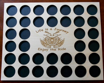 Custom Poker Chip Frame Display Insert Engraved motorcycle and flames Fits 36 Harley-Davidson or Casino chips 11 X 14 natural birch holder