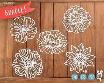 SVG Bundle! 5 Flower SVG / PDF Papercut Templates | Commercial/Personal use | hand/machine cutting | Paper Cut Out | Cricut | Cut Your Own