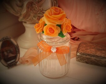Bonbonnière shabby chic.Porcelaine.Flacon glass.Bathroom.Roses.VintageOrange.Organza.Romantique.Rétro.Amour.Fiole.Déclaration.Bocal.
