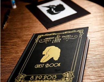 Custom wedding guest book / sign in book - black and gold silhouette
