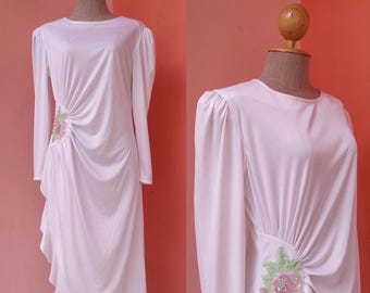 White Dress 80s Prom Dress Vintage Party Dress Women Cocktail Dress Evening Gown 1980s Prom Dress Draped Dress Long Sleeve Midi Dress Size L
