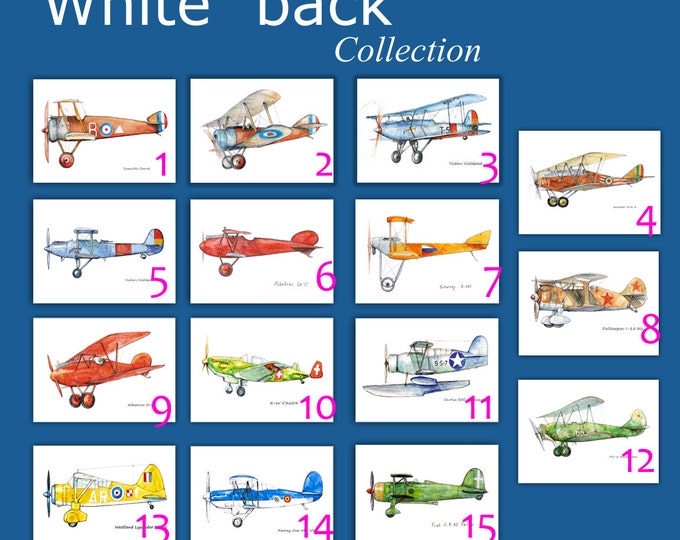 Airplane decor set ANY 6 prints Vintage prop driven airplane warercolor Retro military aircraft poster Boy's nursery wall art
