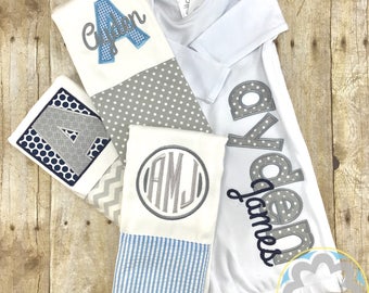 Baby Boy Gift Set - Grey and Blue Monogrammed, Personalized Infant Gown and Burp Cloth Set - Baby Gift - Baby Shower Gift