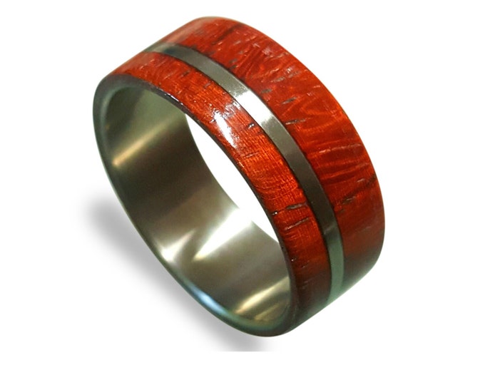 Titanium Ring for men inlaid with Padouk Wood, Off-center Style, Titanium Inlay