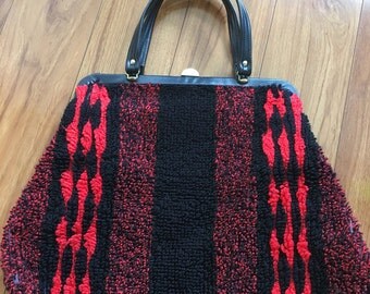 Vintage 1960's extra large red and black carpet bag