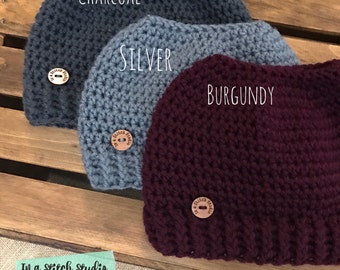 Crochet Messy Bun Hat // Ponytail Beanie // Crochet Knit Fitted Beanie Hat with Top Opening // Hats of Hope proceeds to charity