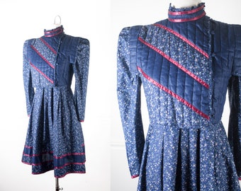 Gunne Sax Dress and Quilted Vest, Navy Blue Calico Print 70s Dress, Prarie Dress, Peasant Dress, Boho Dress, Hippie Dress, Bohemian Clothing