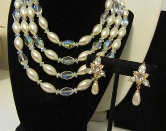 Multi strand faux pearl and crystal bead necklace with rhinestone pireced earrings