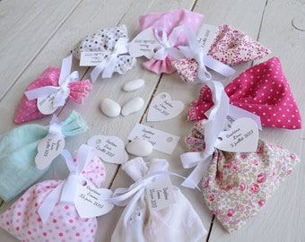 pochons pour dragées tissu liberty broderie anglaise lin / personnalisé étiquette prénom date / sachet dragées mariage baptême communion