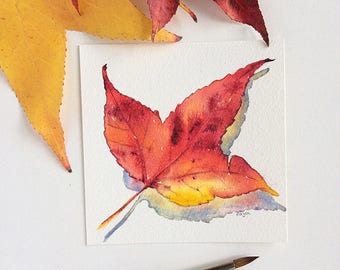 Autumn leaf painting - original watercolour painting of bright red, orange & yellow fall leaf - one-of-a-kind mini art - nature painting