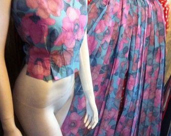 1980s Paris-made wide-leg pleated trousers pants with wrap-around ties matching top