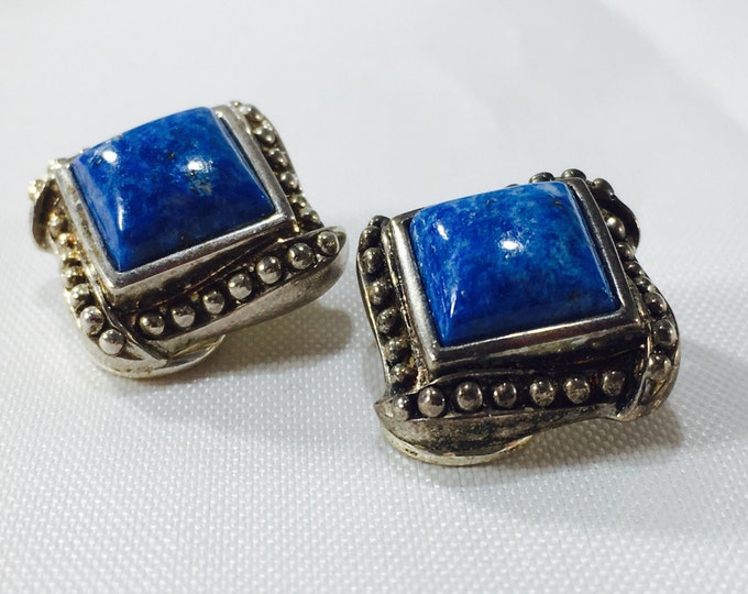 Storewide 25% Off SALE Vintage Sterling Silver Cobalt Blue Lapis Designer Square Earrings Featuring Elegant Beaded Trim Design