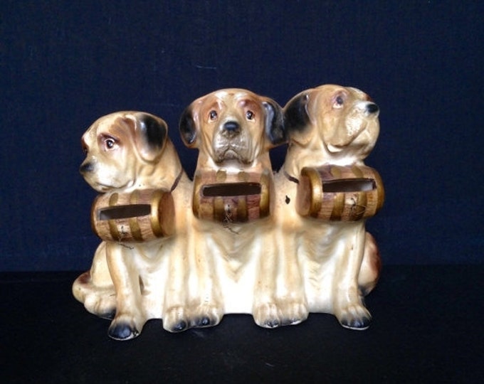 Storewide 25% Off SALE Vintage Collectable Saint Bernard Dog Trio With Matching Whiskey Barrels Porcelain Coin Bank Featuring Realistic Colo