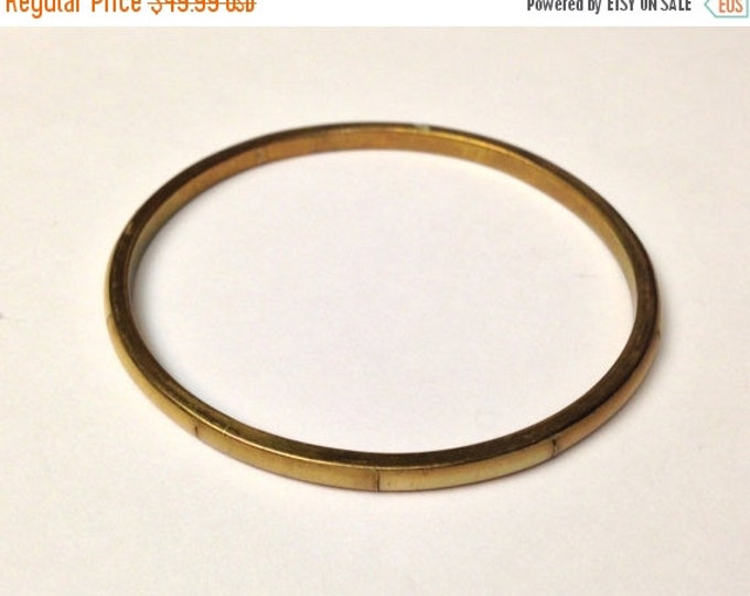 Storewide 25% Off SALE Vintage Gold Tone Inlaid Mother Of Pearl Style Slim Bangle Bracelet Featuring Antique Weathered Segment Design