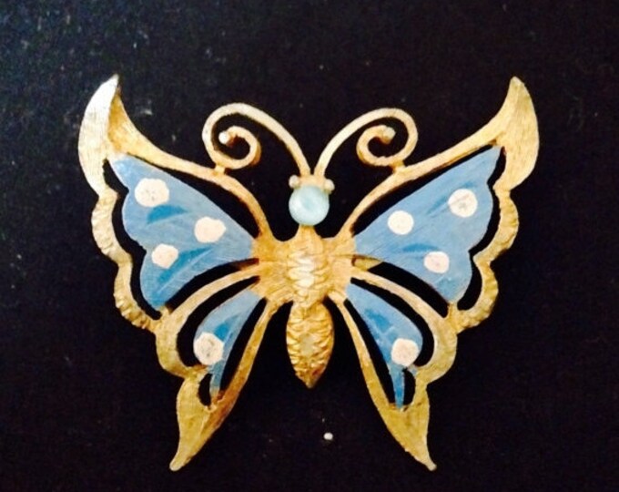 Storewide 25% Off SALE Enchanting Vintage Gold Tone Marquee Butterfly Brooch Featuring Sky Blue Overlay & White Pearl Design Style Finish