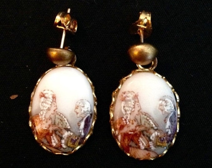 Storewide 25% Off SALE Vintage Hillspride Designer Pierced Cameo Earrings Featuring Victorian Hand Painted Socialite Design With Milky White