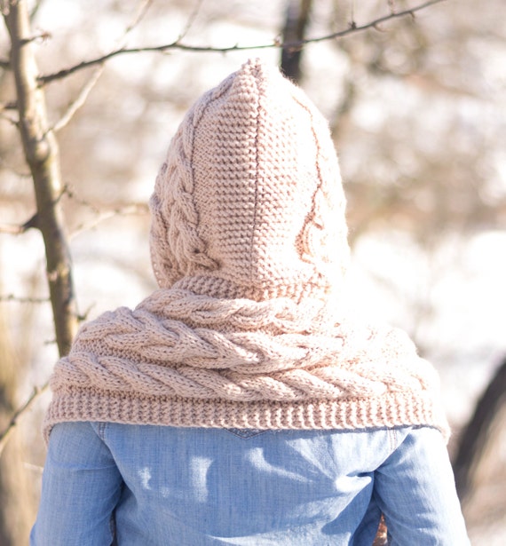 Hooded Cable Scarf, knitting pattern, Hoodie, Cabled Long ...