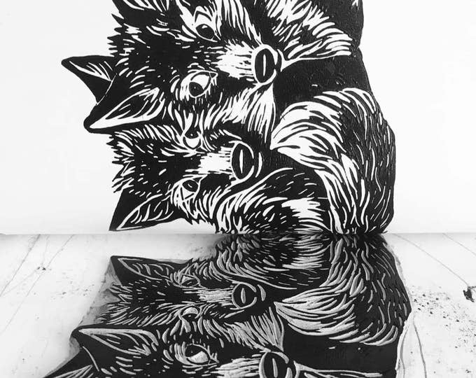 Fox Illustration nature print, Linocut, 6 x 8, Illustration art, fox art, Graphic art, Fox print art