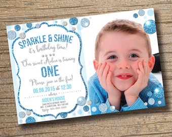 Sparkle and Shine Boy First Birthday Invitation, Photo Invitation, 1st Birthday Invitation, Boys Birthday Party, Sparkle & Shine Birthday