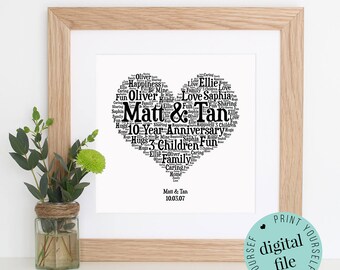 Personalised 10TH ANNIVERSARY GIFT - Word Art - Printable Art - Unique Gift - 10 Year Anniversary - Anniversary Card - Gift for couple