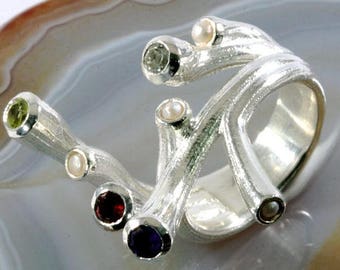 Precious stones,perls and 925 Sterling Silver Ring -- 6276