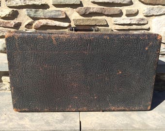 Vintage Black Leather Suitcase Luggage...Cowhide. Black. Blue. Silk. Storage. Retro. Old. Rustic.