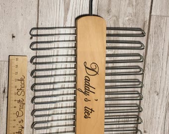 Personalised wood burned tie holder using pyrography. Great home and office gift for men. Wooden gift for Daddy or Grandad for Father's Day