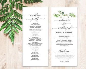 Greenery Wedding Program Template, Printable Wedding Programs, Wedding Program Template, Editable Text, Tea Length, Garden Greenery