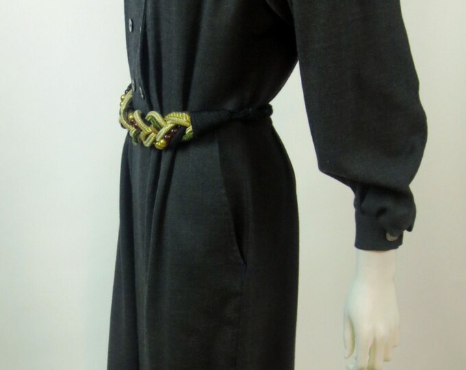 80s The Americans military inspired midi length pleated charcoal grey secretary dress